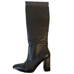 New Mango Tall Knee High Leather Block Heel Boots NWT Black Size 8.5 (EU 39)